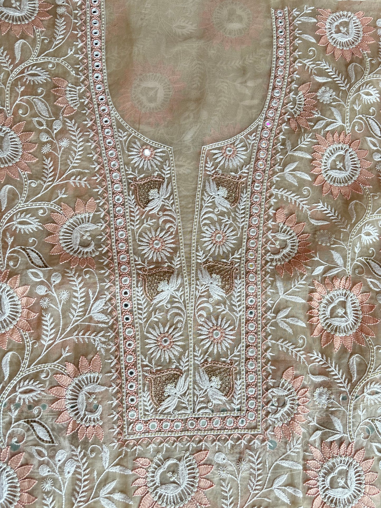 Hazelnut Organza Chikankari Kurta and Dupatta Fabric