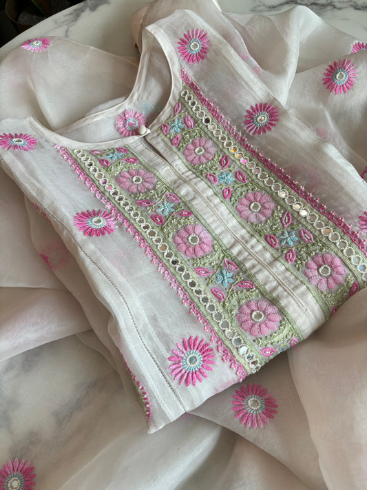 Powder Pink Organza Silk Chikankari Kurta and Dupatta