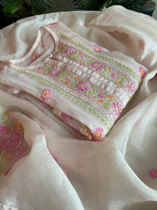 Nude Pink Organza Chikankari Kurta and Dupatta