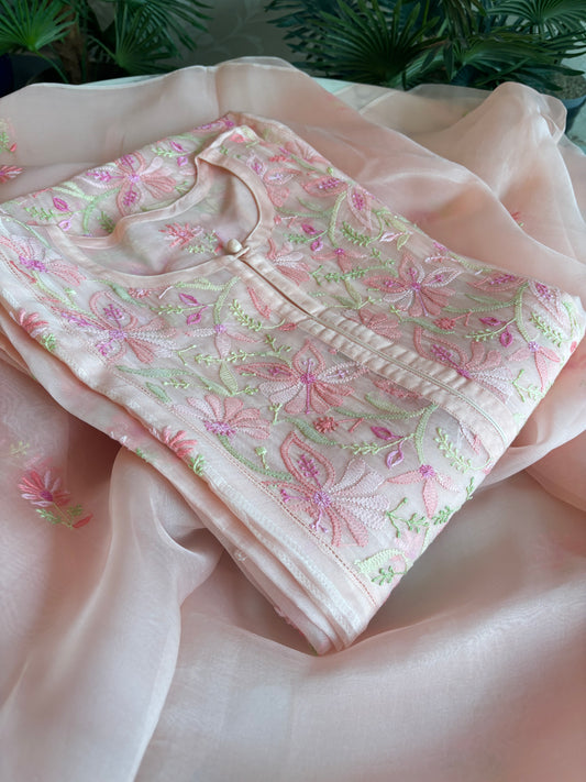 Peach Organza Silk Chikankari Kurta and Dupatta