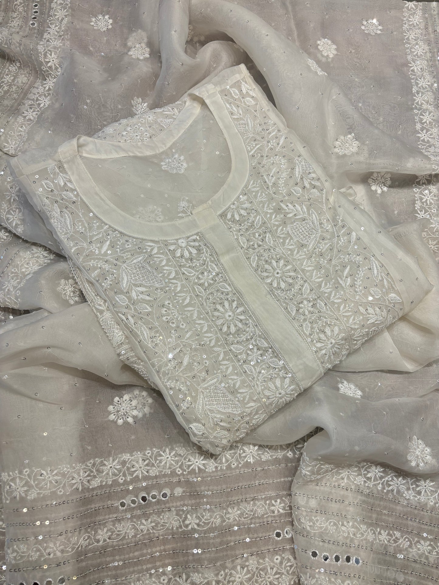 Dyeable Organza Silk Chikankari Kurta and Dupatta