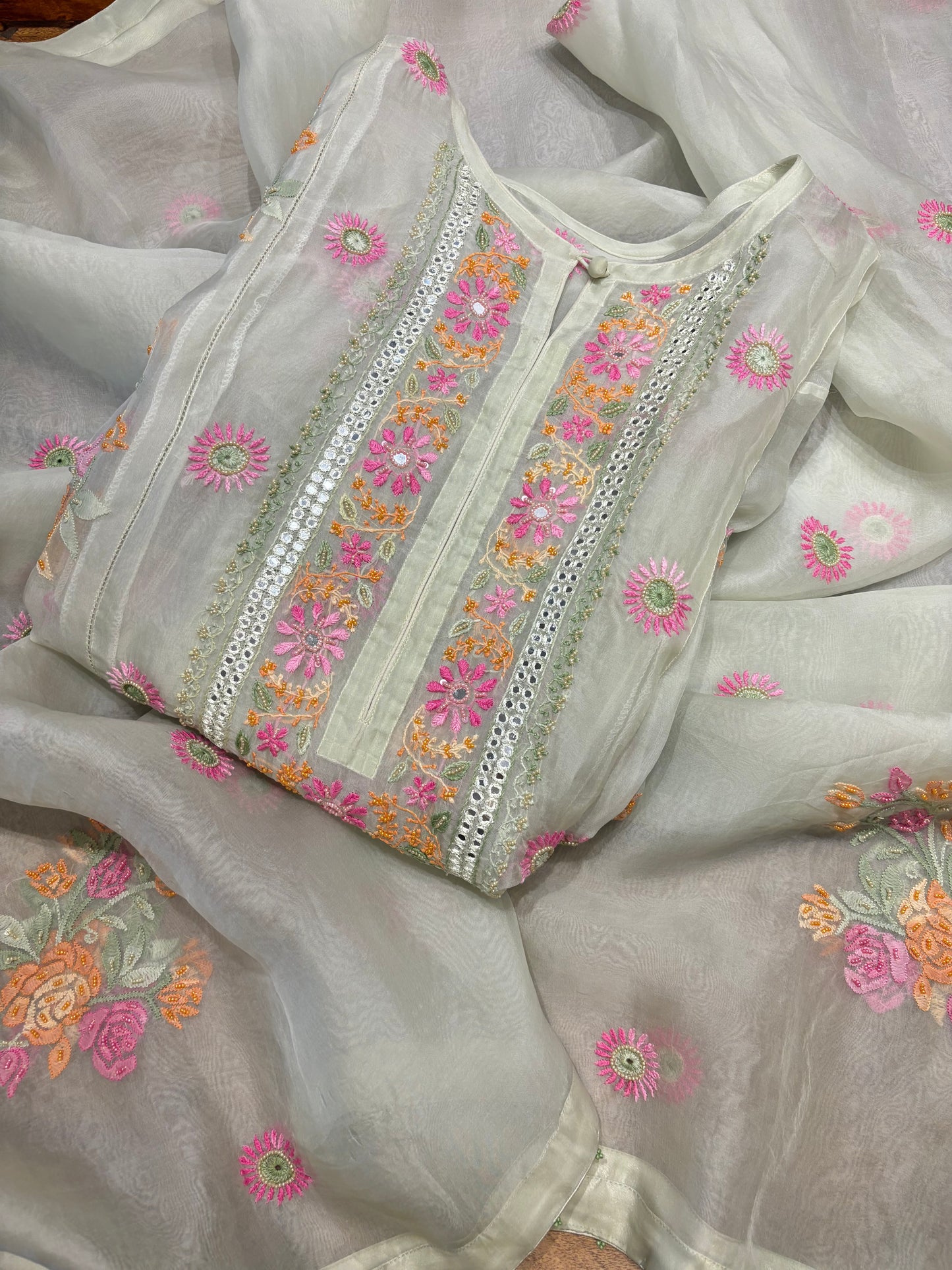 Sage Green Organza Silk Chikankari Kurta and Dupatta