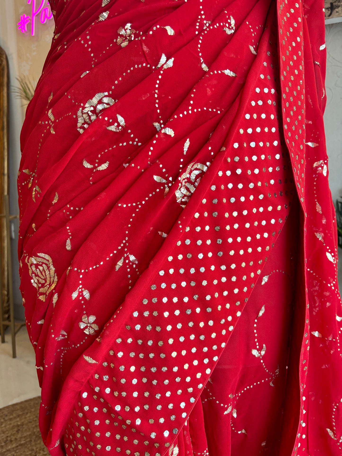 Red Pure Georgette Badla Saree and Blouse