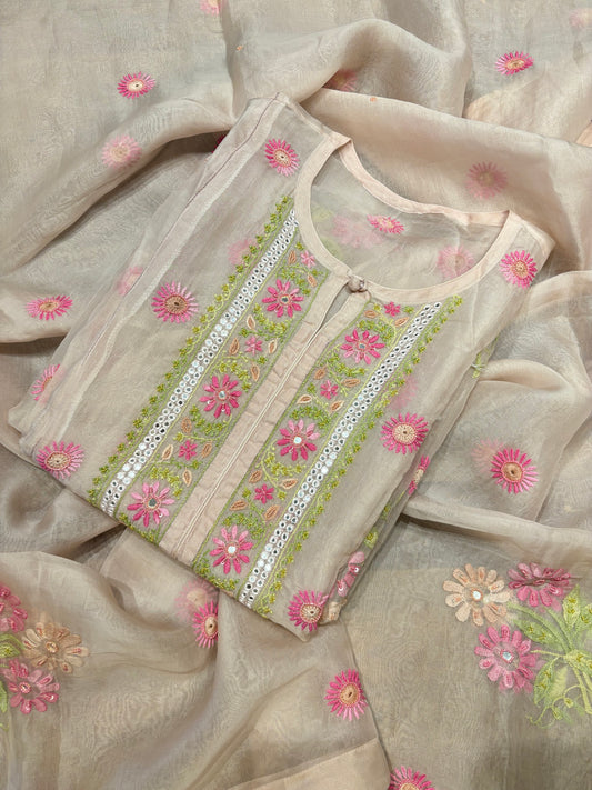 Powder Pink Organza Silk Chikankari Kurta and Dupatta