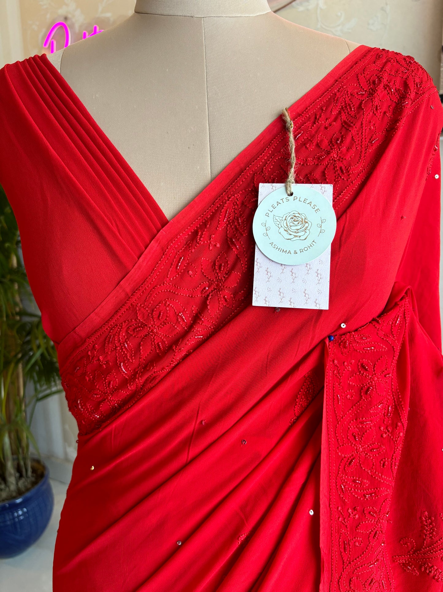 Red Georgette Chikankari Saree