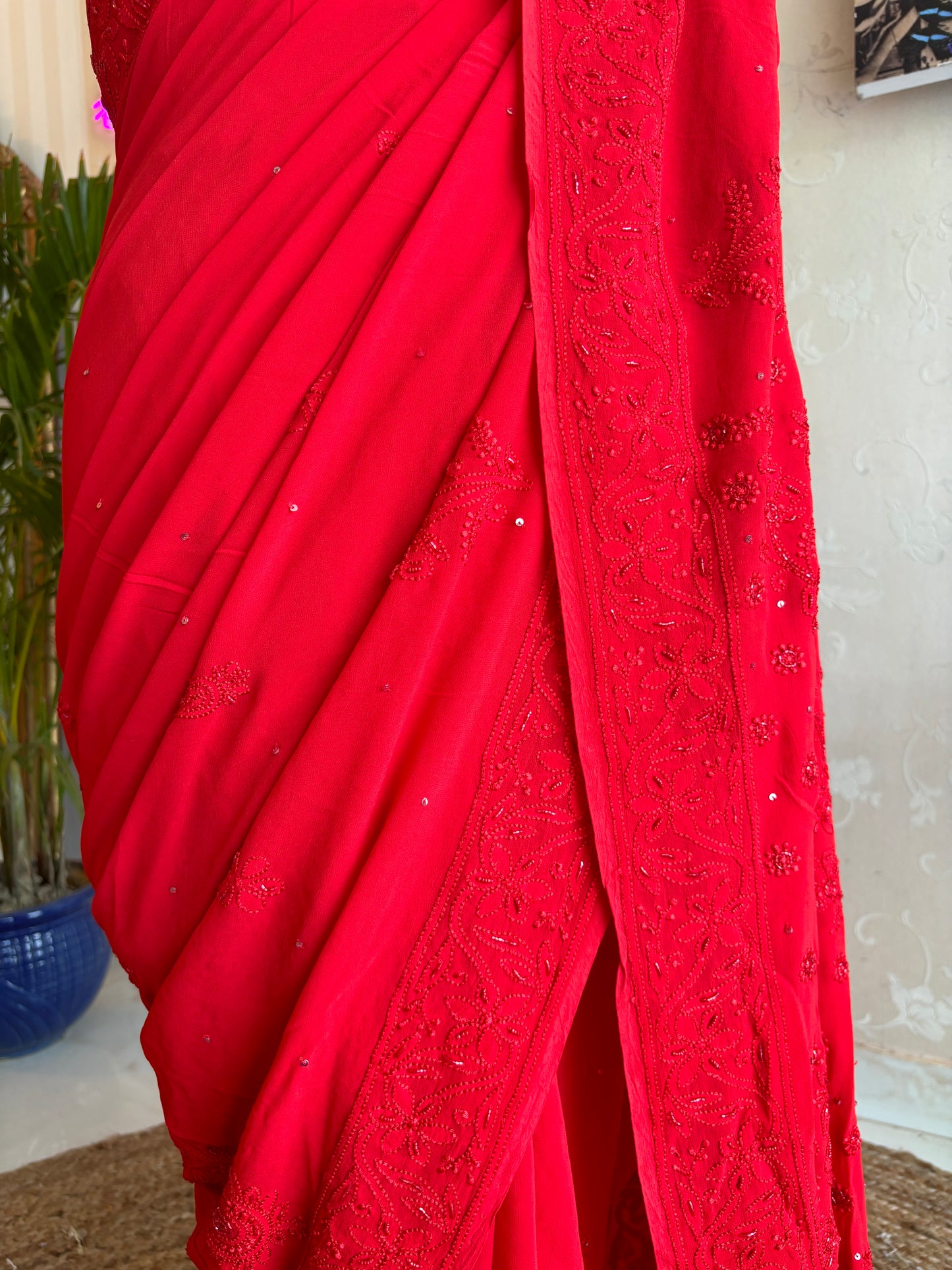 Red Georgette Chikankari Saree