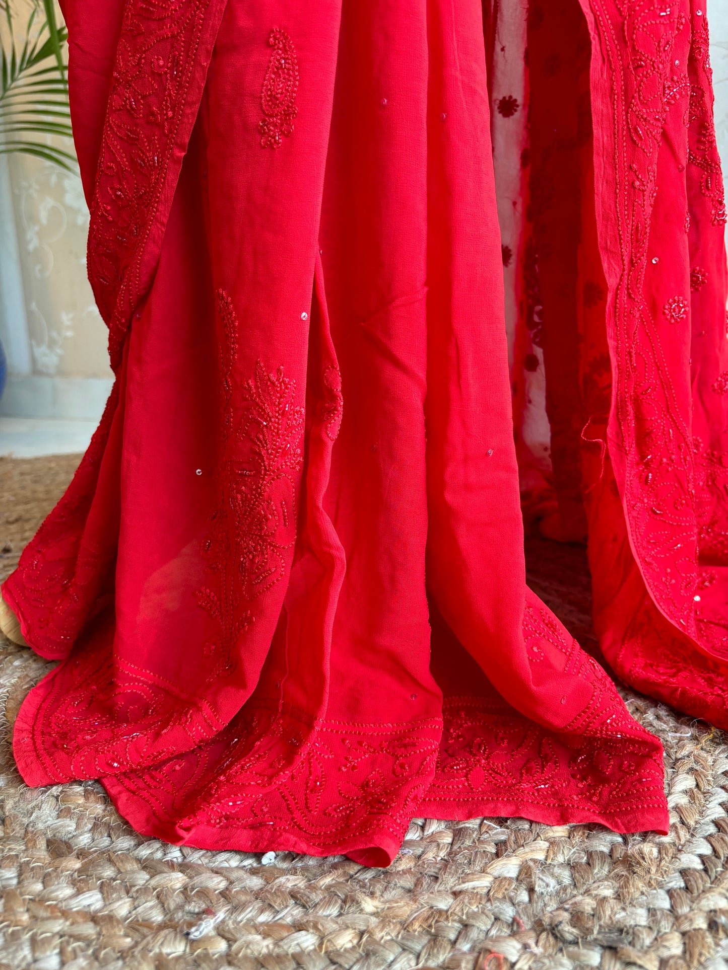 Red Georgette Chikankari Saree