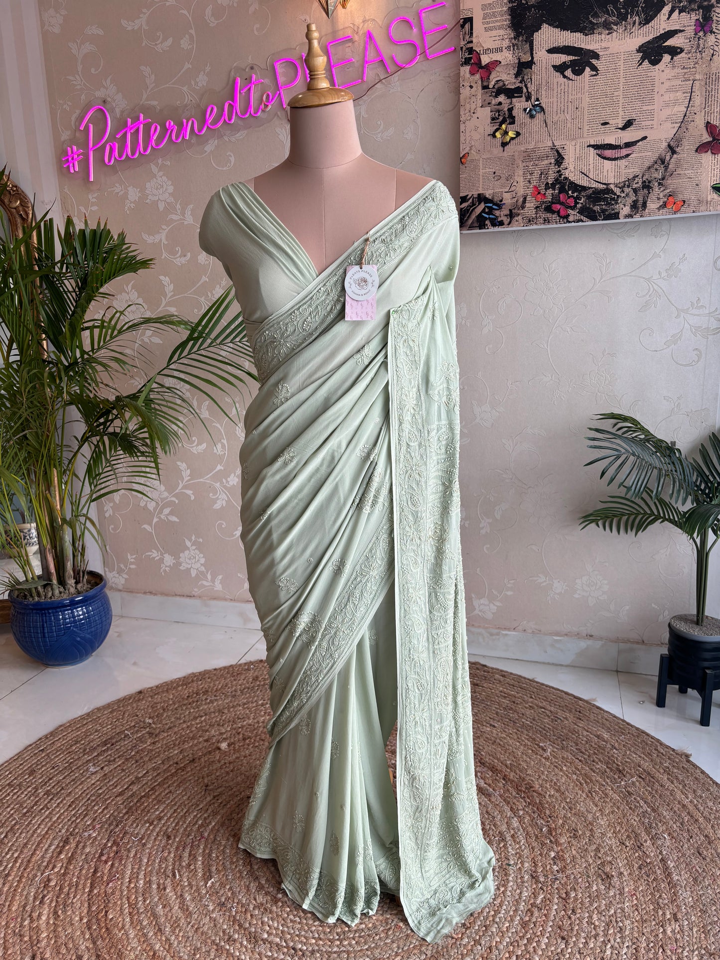 Dusty Sage Green Georgette Chikankari Saree