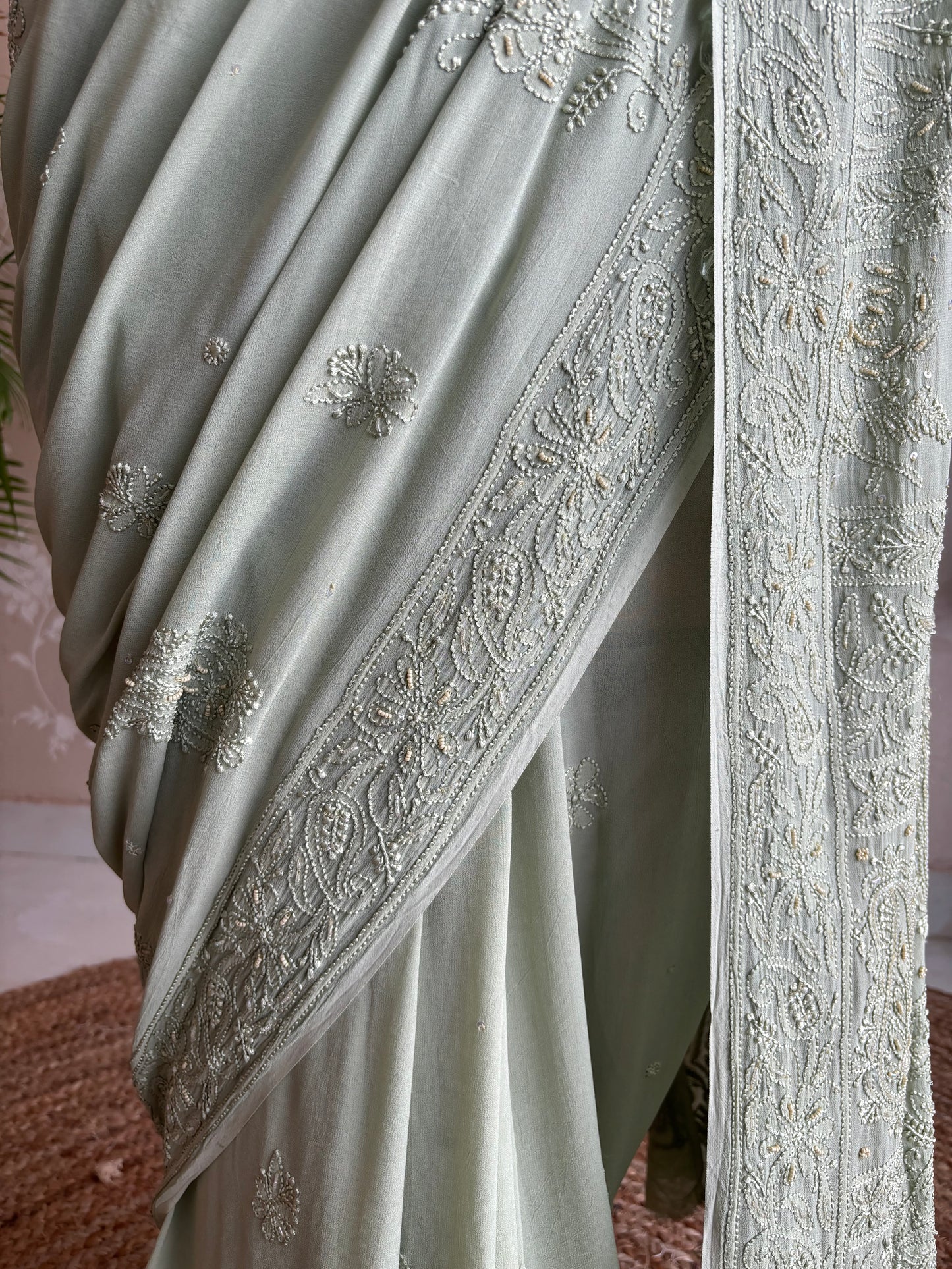 Dusty Sage Green Georgette Chikankari Saree