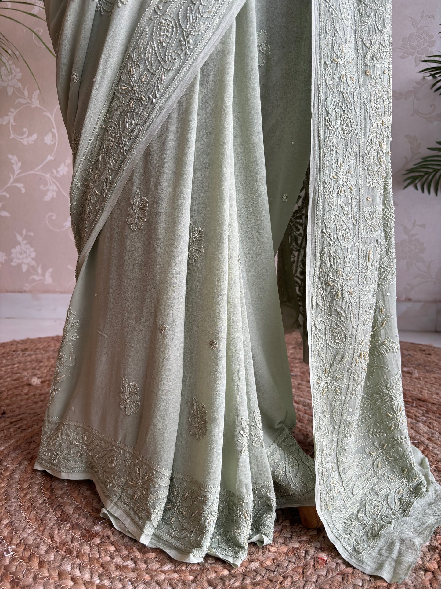 Dusty Sage Green Georgette Chikankari Saree