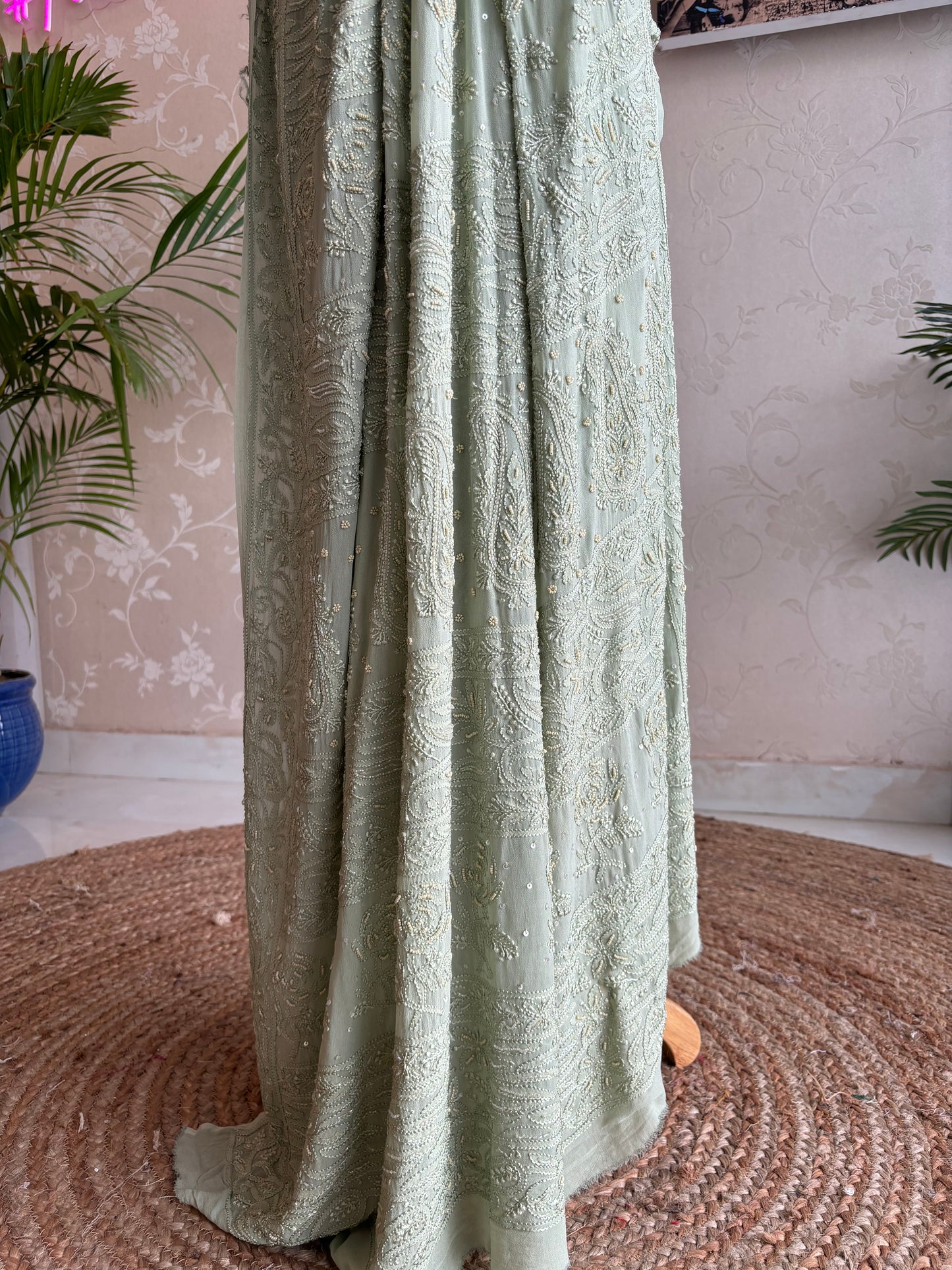 Dusty Sage Green Georgette Chikankari Saree