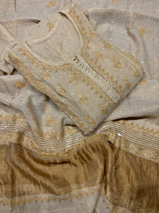 Dyeable Golden Pure Tissue Chikankari Anarkali and Dupatta