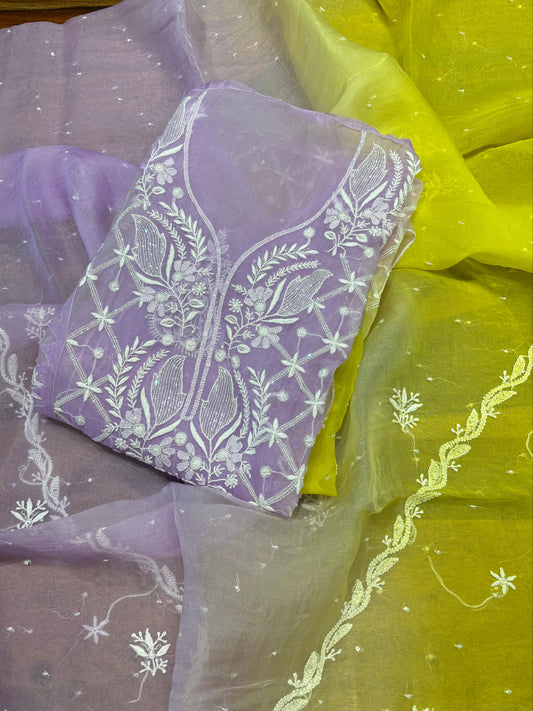 Yellow and Lilac Ombre Organza Silk Chikankari Kurta and Dupatta