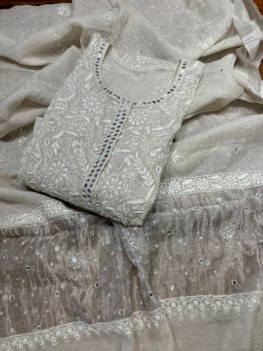 Dyeable Silver Pure Tissue Chikankari Anarkali and Dupatta