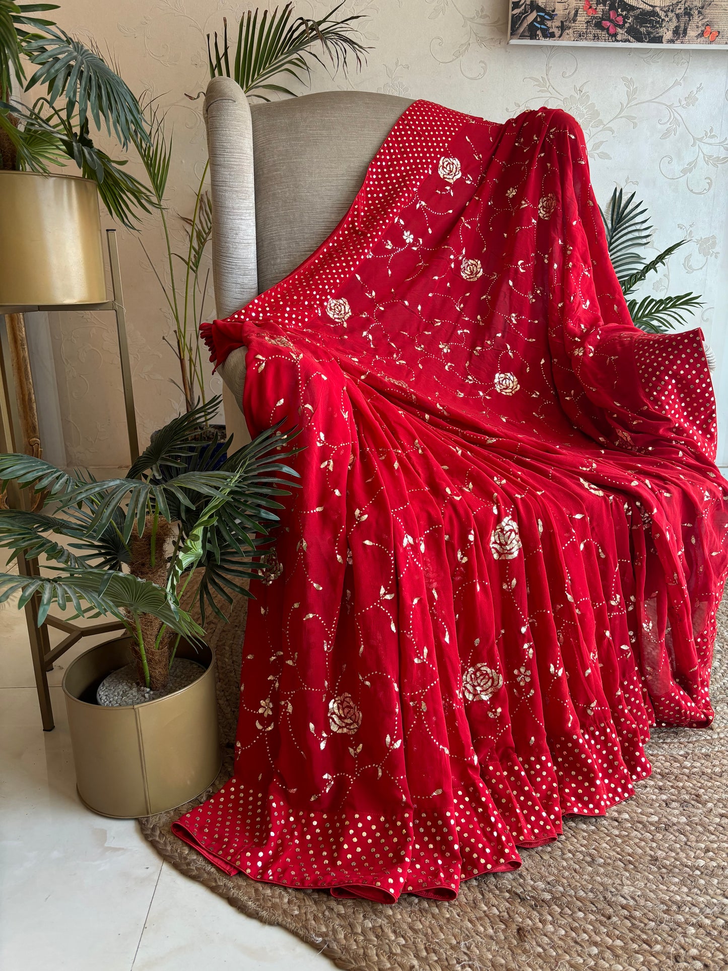 Red Pure Georgette Badla Saree and Blouse