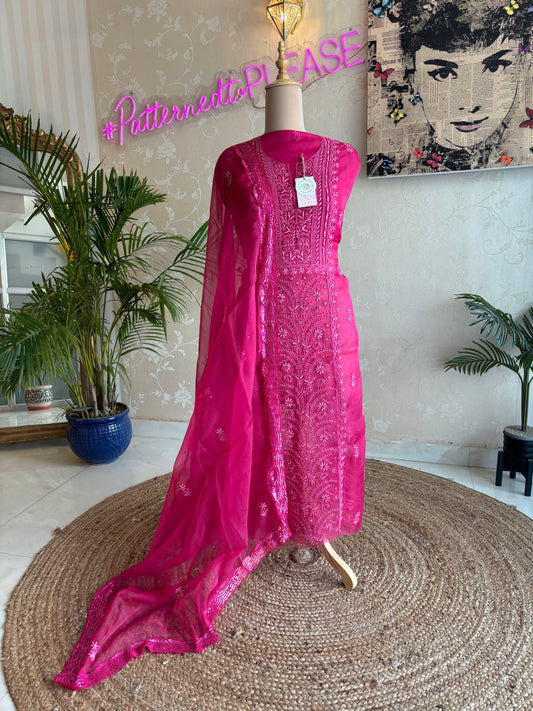 Fuchsia Pink Organza Chikankari Kurta and Dupatta Fabric