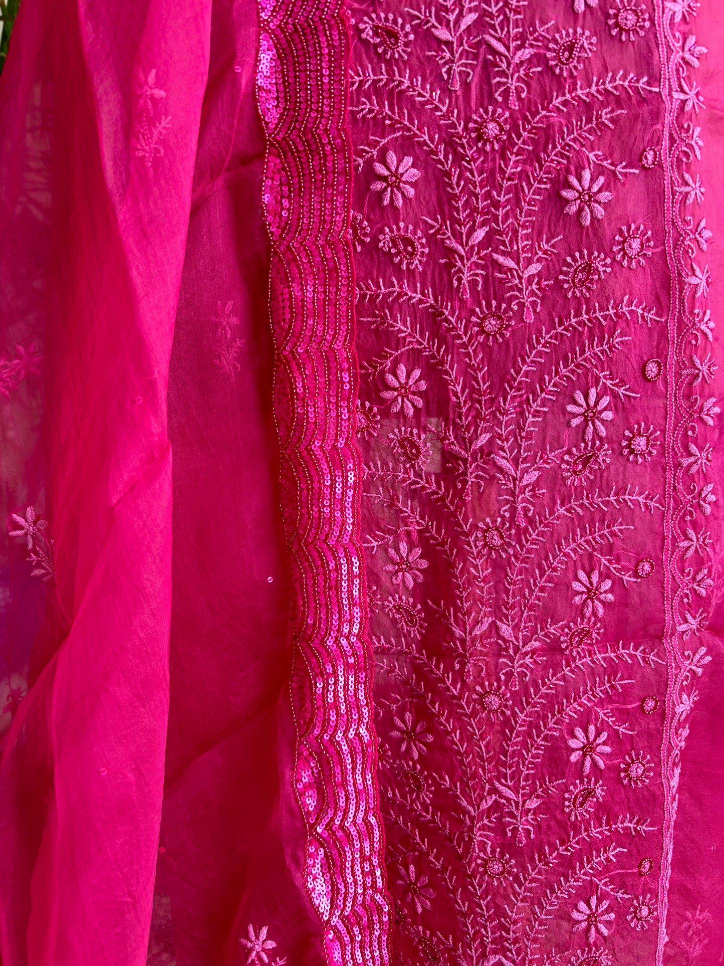 Fuchsia Pink Organza Chikankari Kurta and Dupatta Fabric