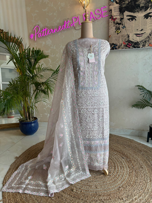 Dusty Purple Organza Chikankari Kurta and Dupatta Fabric