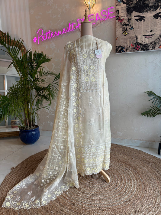 Pastel Yellow Organza Chikankari Kurta and Dupatta Fabric