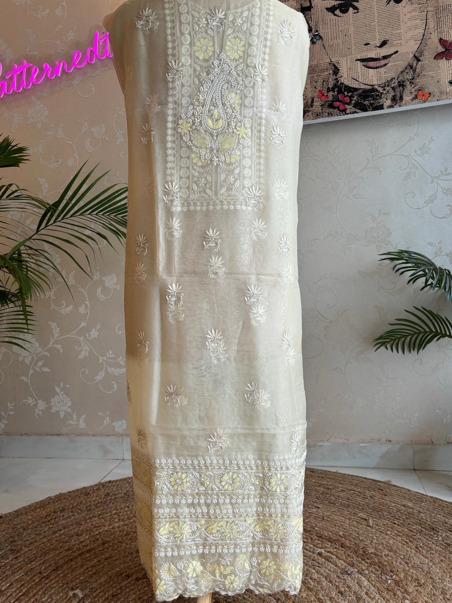 Pastel Yellow Organza Chikankari Kurta and Dupatta Fabric