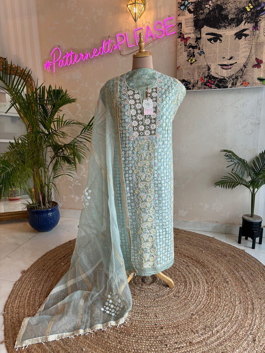 Celadon Green Organza Chikankari Kurta and Dupatta Fabric