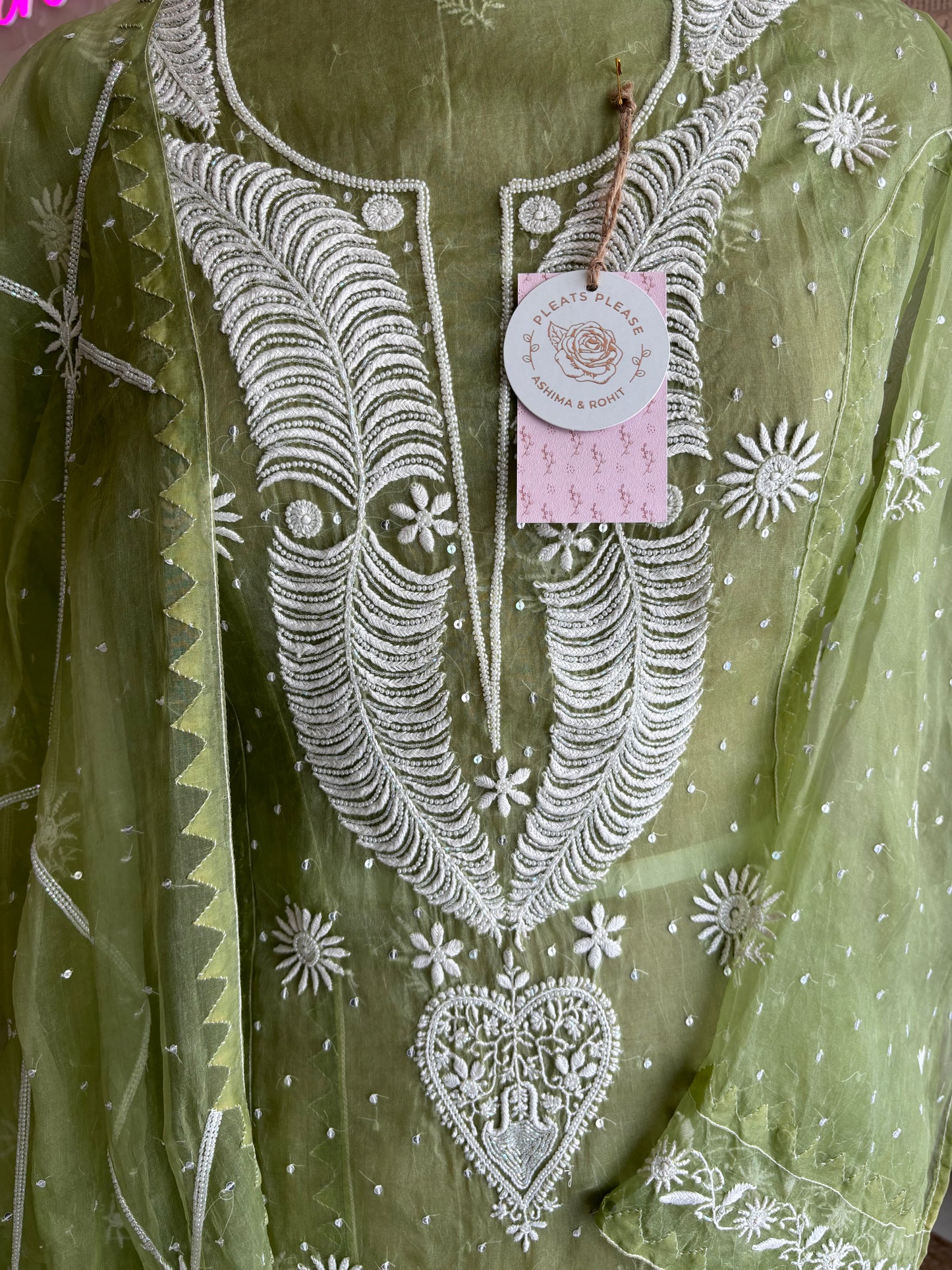 Nori Green Organza Chikankari Kurta and Dupatta