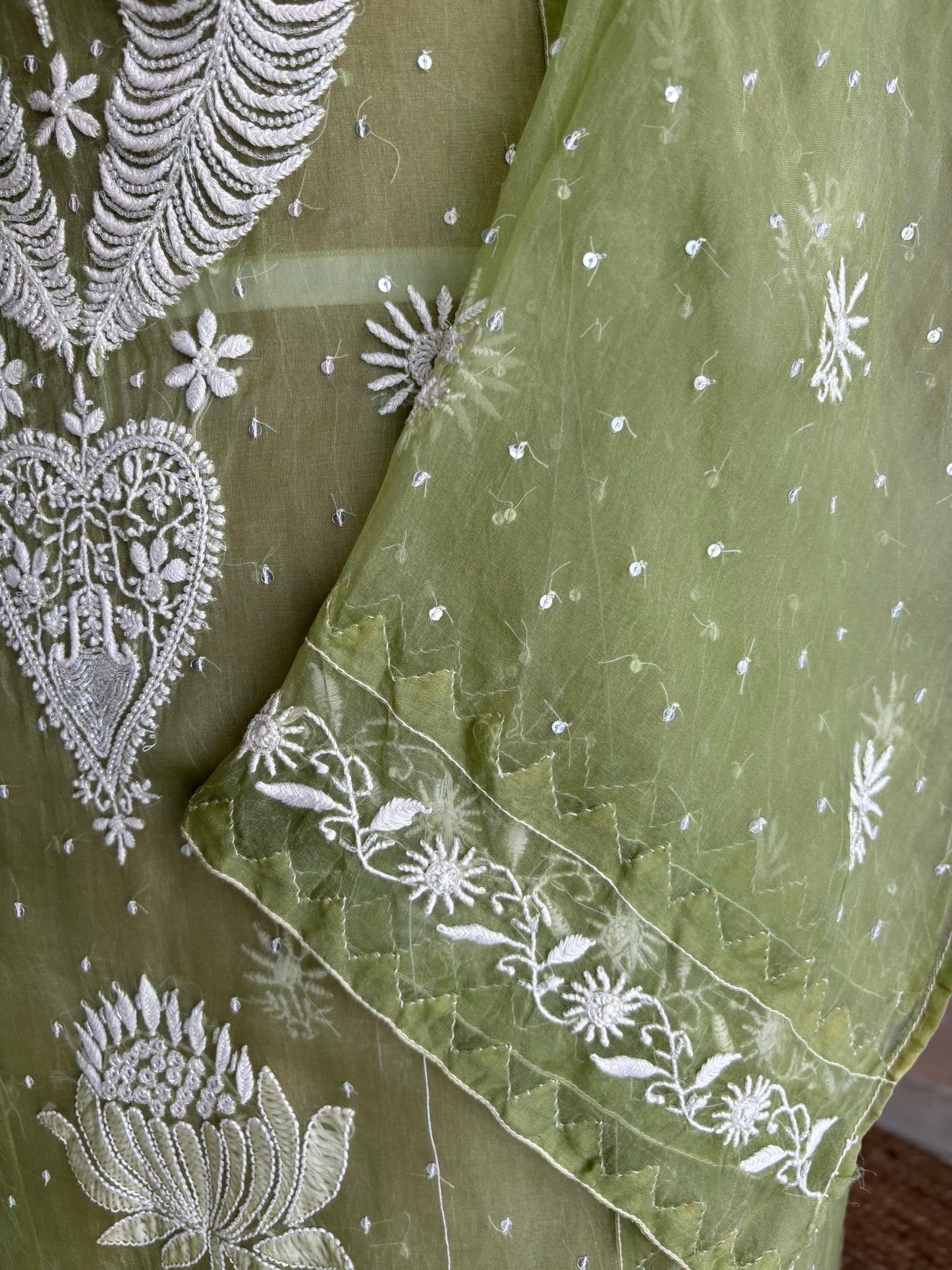 Nori Green Organza Chikankari Kurta and Dupatta