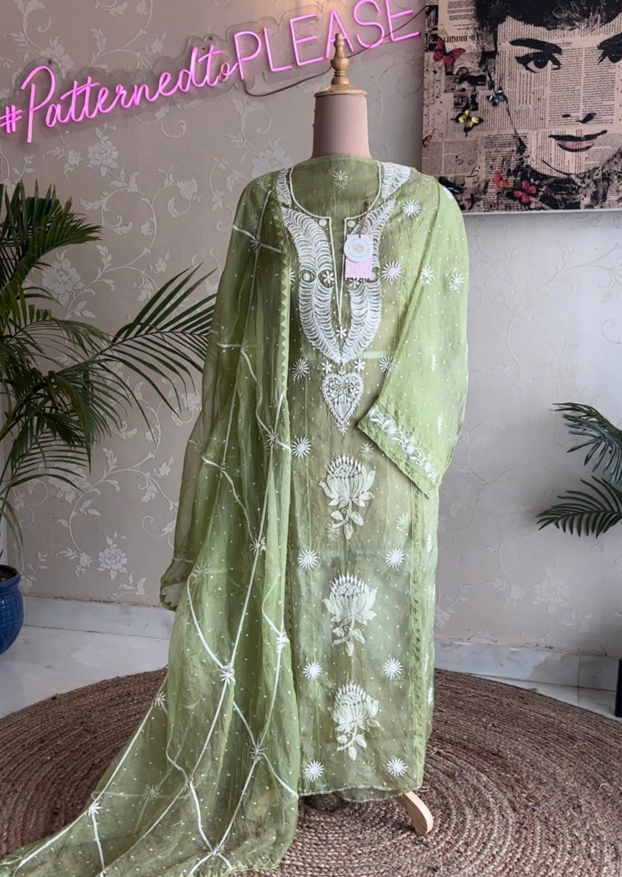 Nori Green Organza Chikankari Kurta and Dupatta