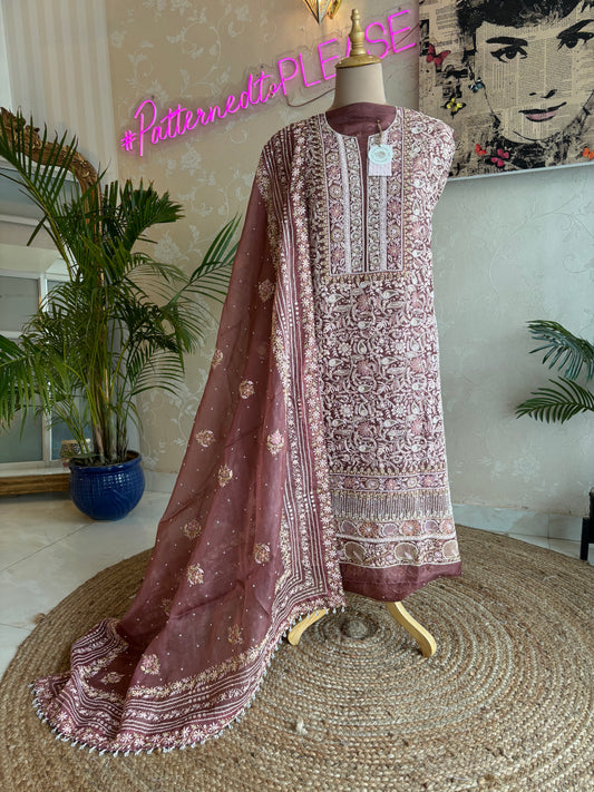 Plum Organza Chikankari Kurta and Dupatta Fabric