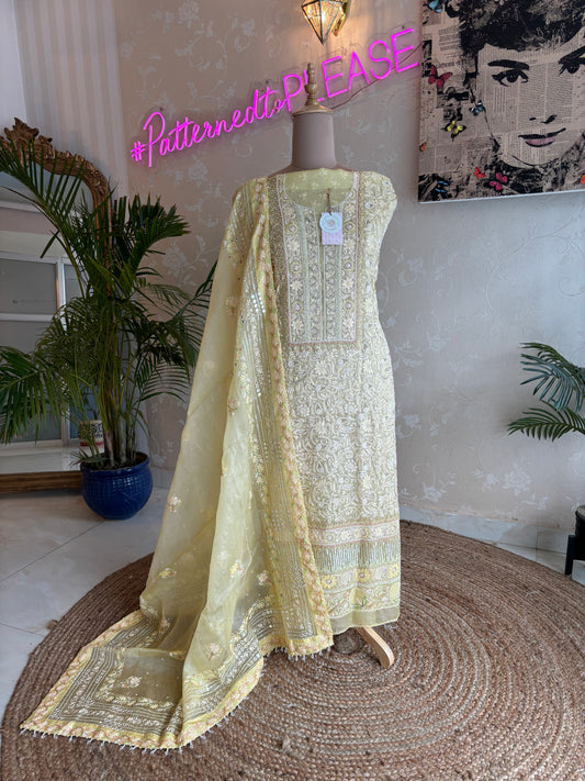 Lemon Yellow Organza Chikankari Kurta and Dupatta Fabric