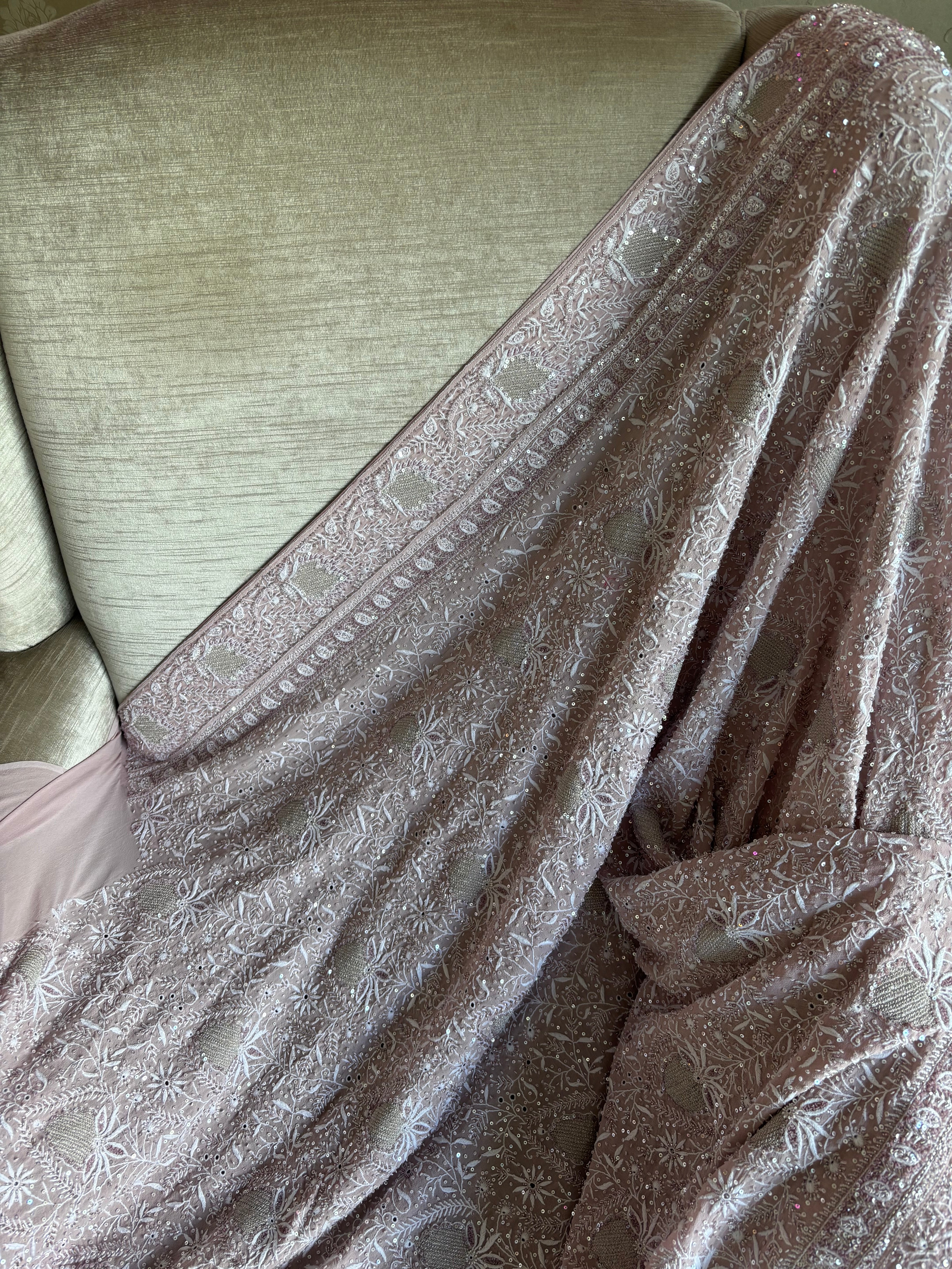 Lavender Mist Pure and Premium Georgette Chikankari Saree And Blouse.