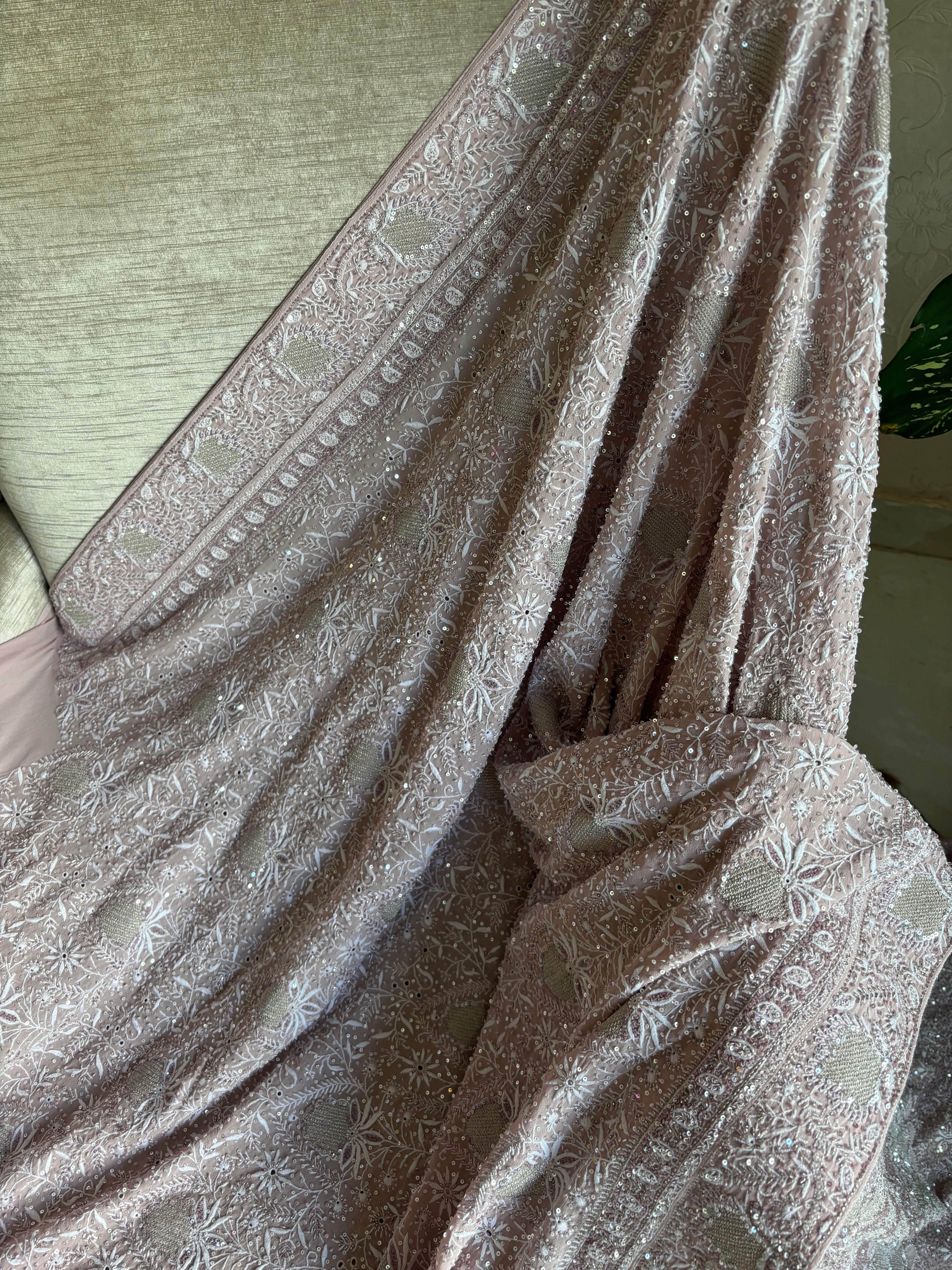 Lavender Mist Pure and Premium Georgette Chikankari Saree And Blouse.