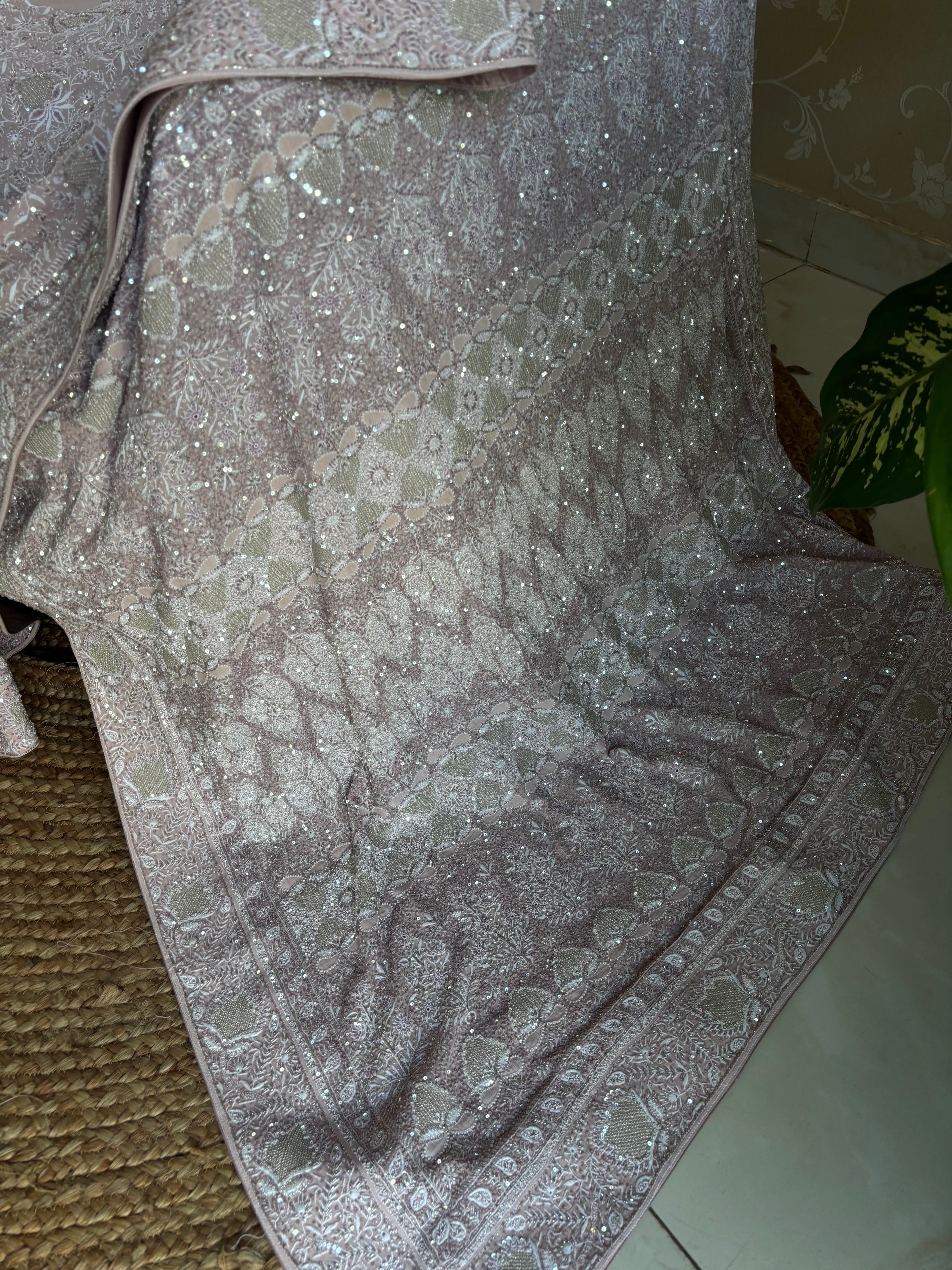 Lavender Mist Pure and Premium Georgette Chikankari Saree And Blouse.