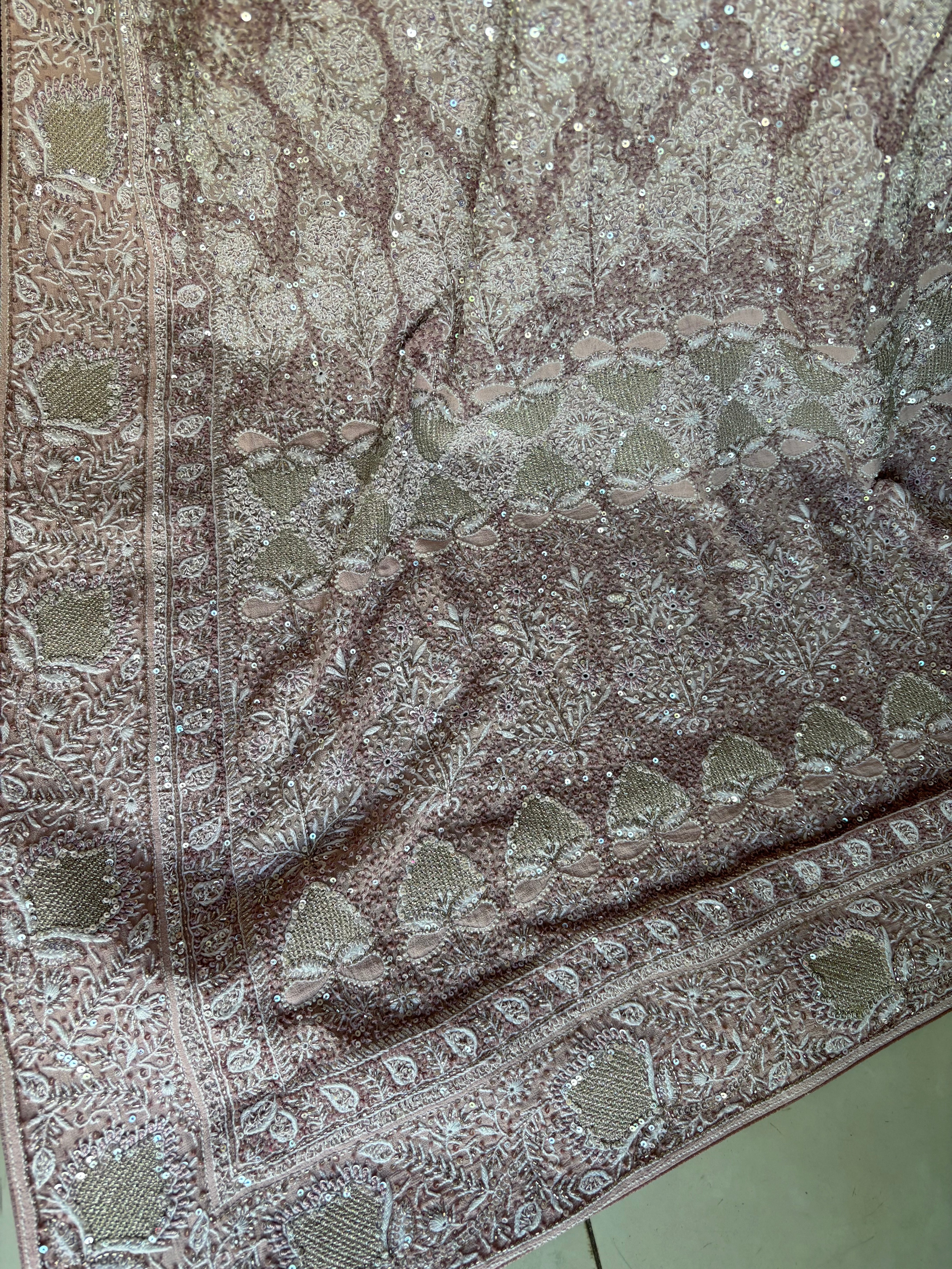 Lavender Mist Pure and Premium Georgette Chikankari Saree And Blouse.