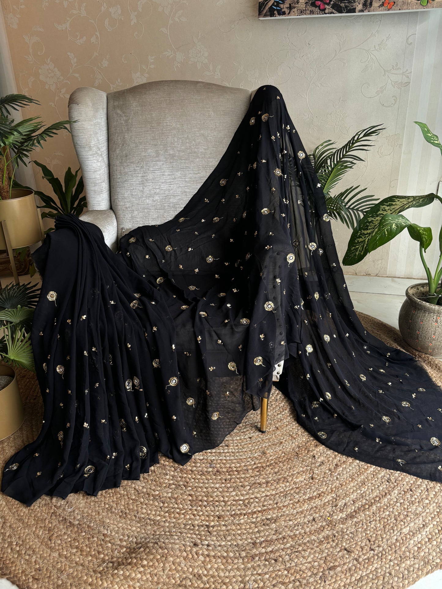 Black Pure Georgette Badla Saree