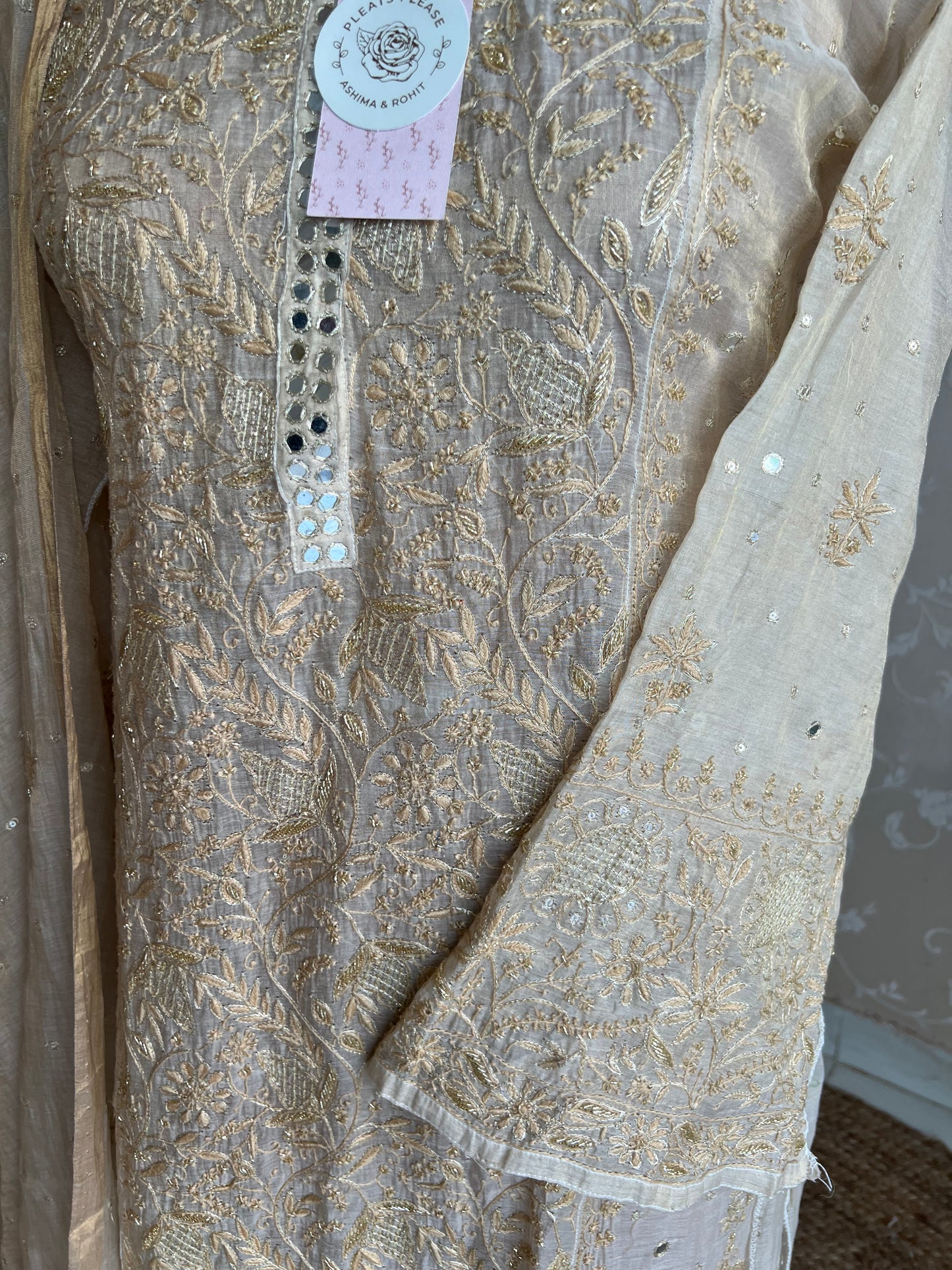 Dyeable Golden Pure Tissue Chikankari 3 Piece Suit Set