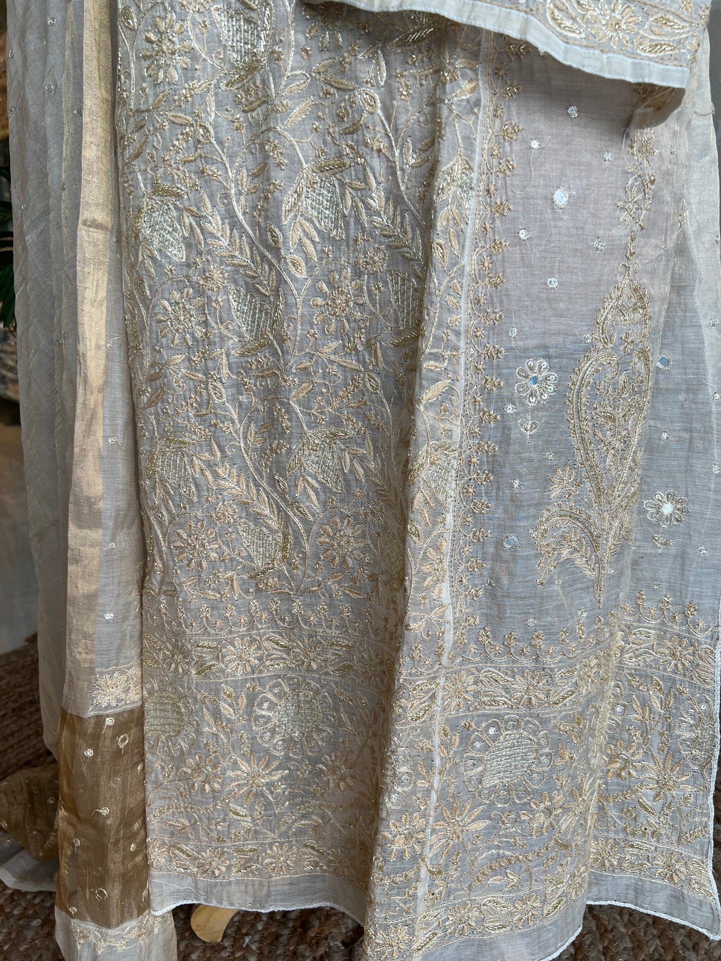 Dyeable Golden Pure Tissue Chikankari 3 Piece Suit Set