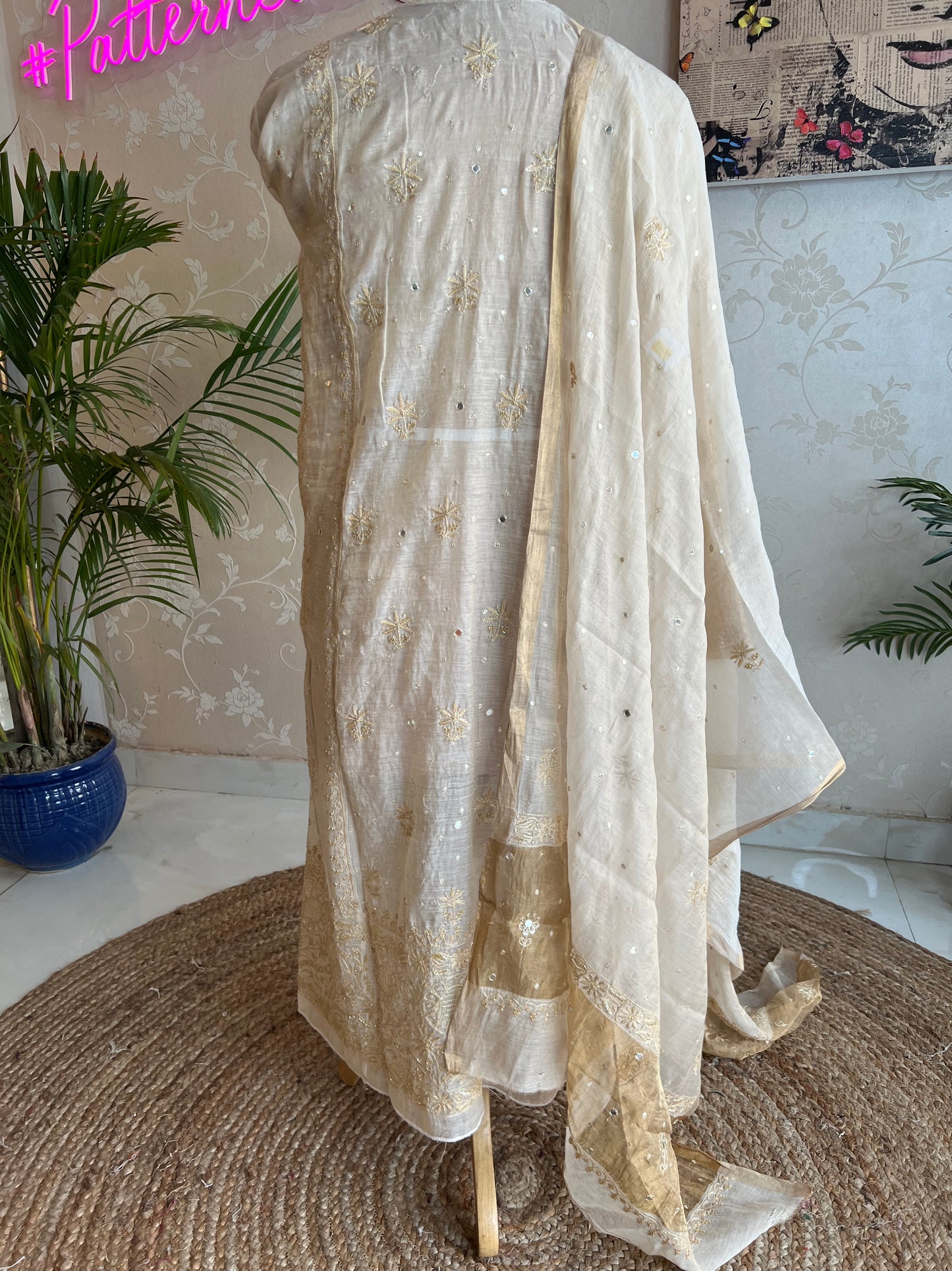 Dyeable Golden Pure Tissue Chikankari 3 Piece Suit Set