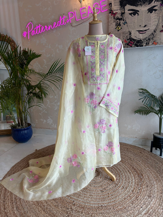 Butter Yellow Organza Chikankari Kurta and Dupatta