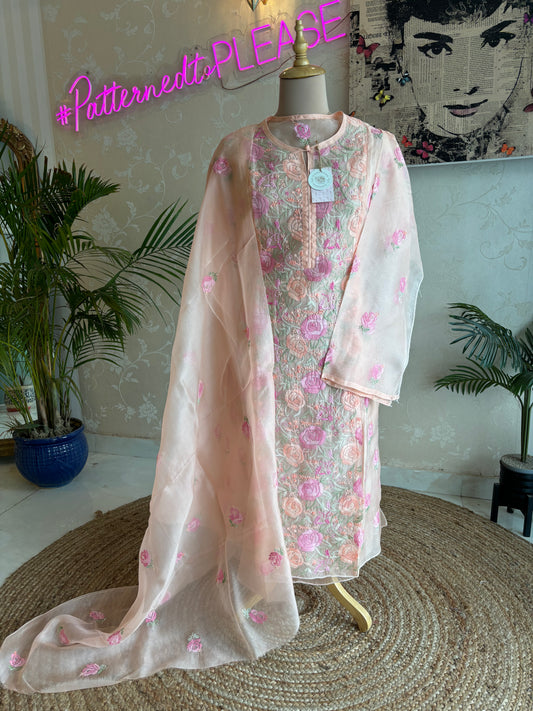 Peach Organza Chikankari Kurta and Dupatta