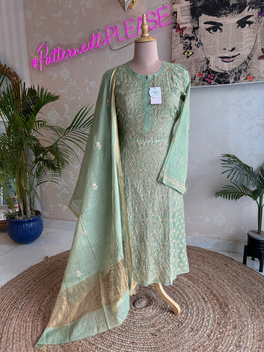 Green Tissue Chikankari Kurta and Dupatta