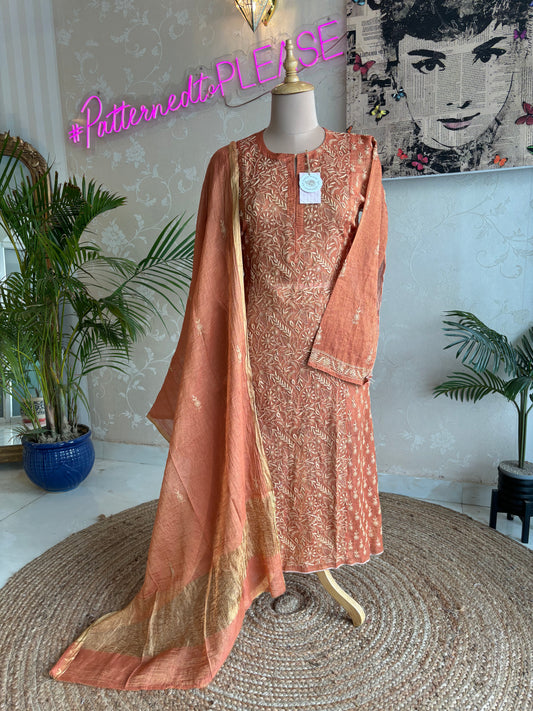 Burnt Orange Pure Tissue Chikankari Kurta and Dupatta