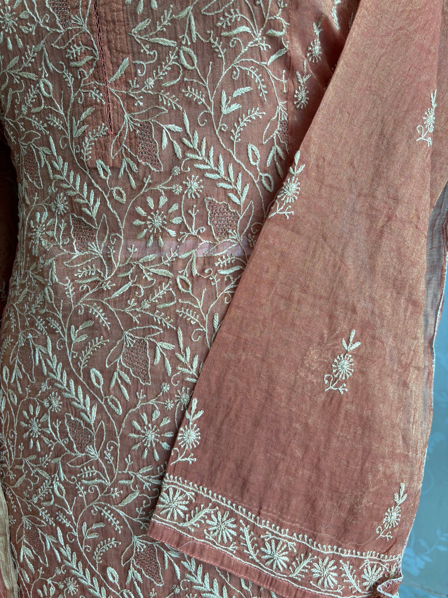 Burnt Orange Pure Tissue Chikankari Kurta and Dupatta