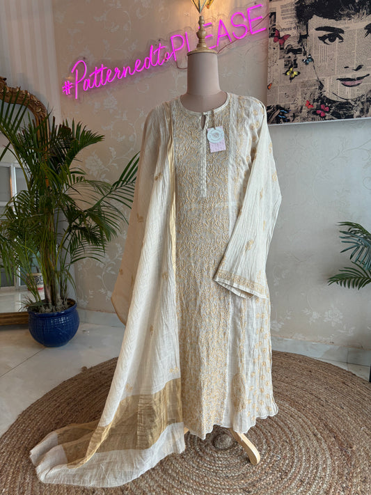 Dyeable Golden Pure Tissue Chikankari Kurta and Dupatta