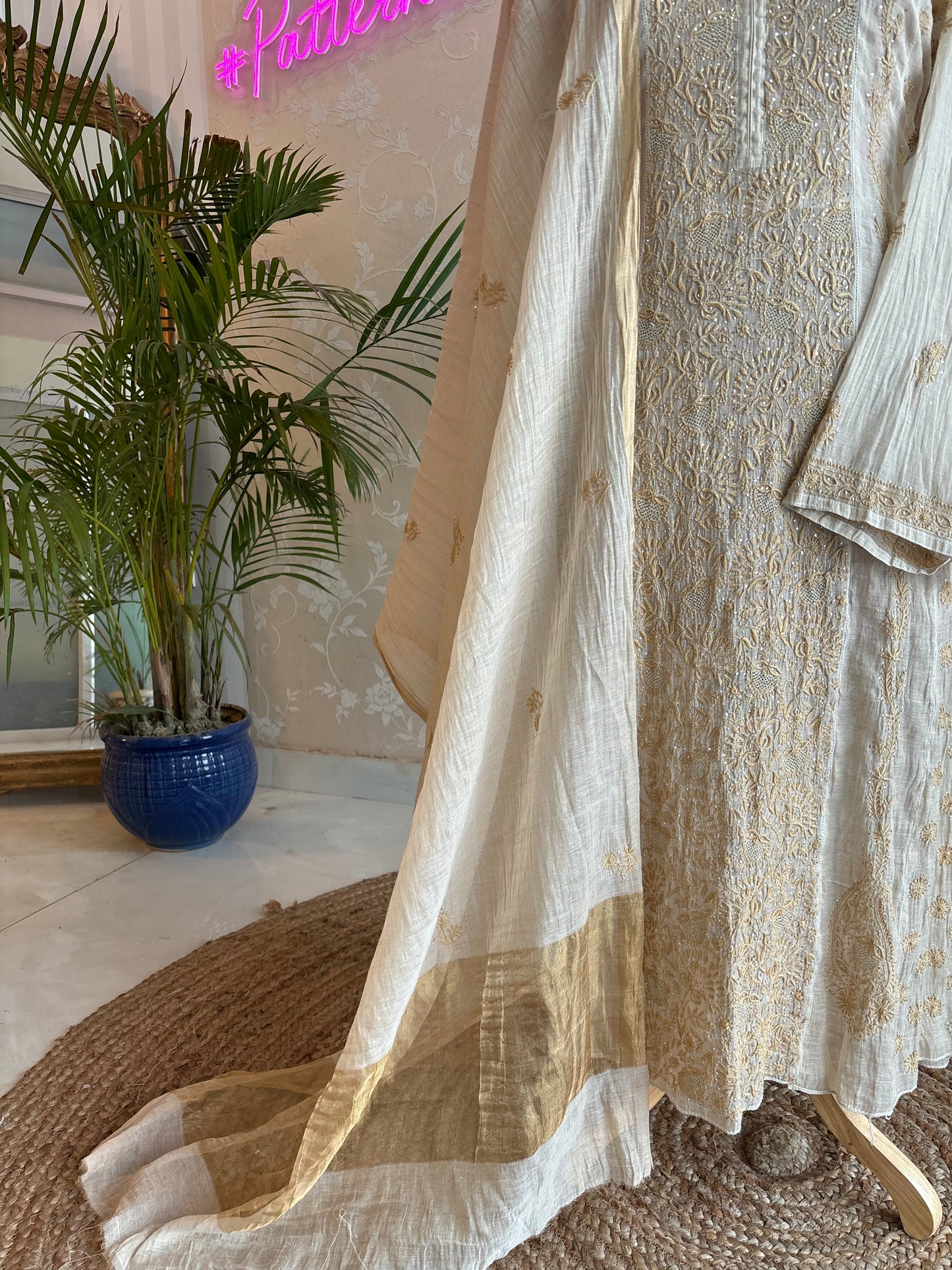 Dyeable Golden Pure Tissue Chikankari Kurta and Dupatta