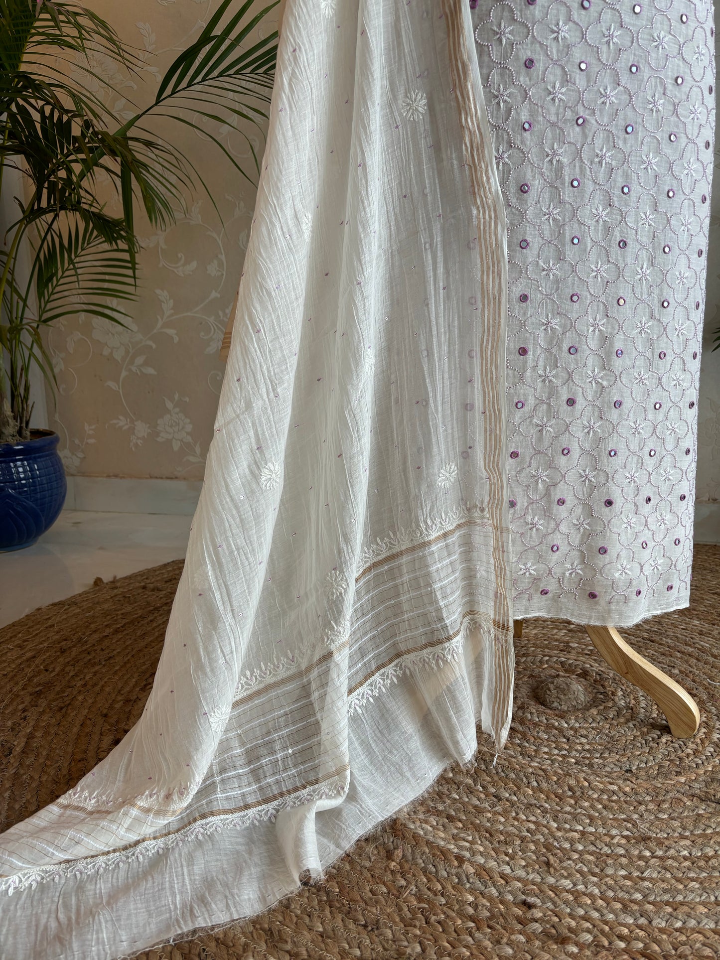 Dyeable Chanderi Mul Chikankari Kurta and Dupatta Fabric