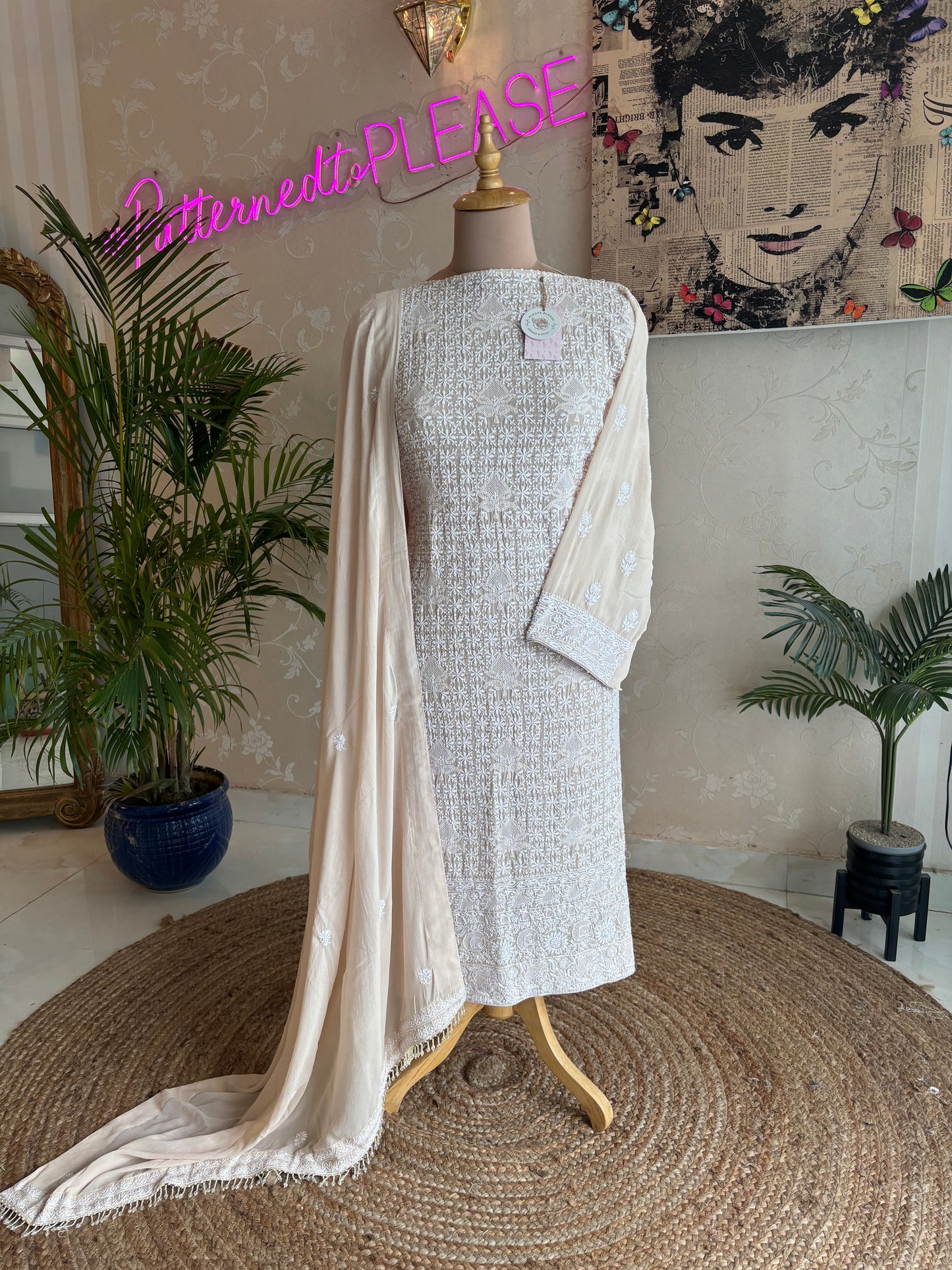 Beige Pure Georgette Chikankari Kurta and Dupatta