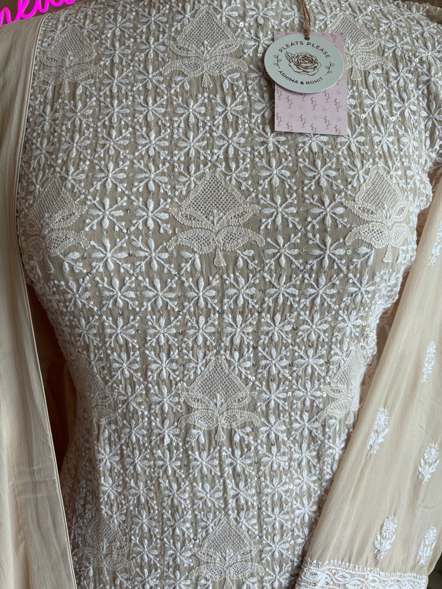 Beige Pure Georgette Chikankari Kurta and Dupatta