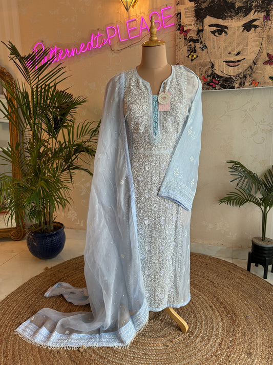 Blue Organza Chikankari Kurta and Dupatta