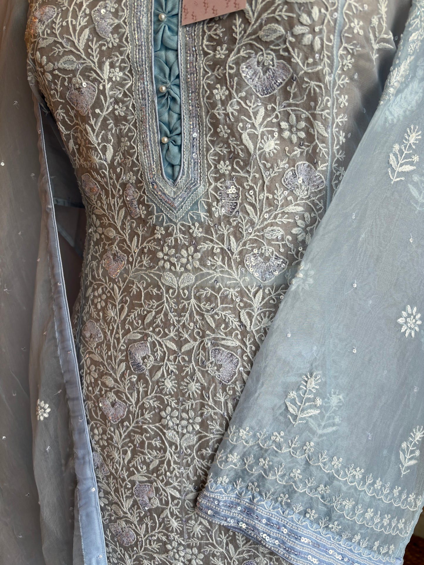 Blue Organza Chikankari Kurta and Dupatta